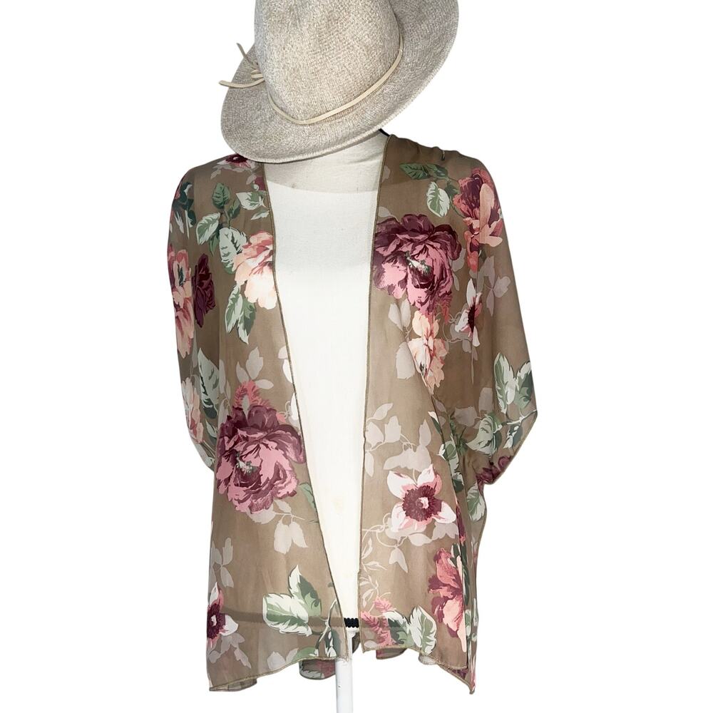 Floral Kimono Cardigan Sheer Lightweight Layering Duster Brown Pink Size M